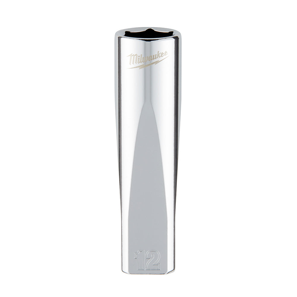 Polished chrome deep socket with black top, Milwaukee logo, and 12mm size marking on lower end.
