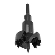 Black self-feed wood drilling bit with cylindrical shank, wide cutting head with multiple flutes, and pointed tip.
