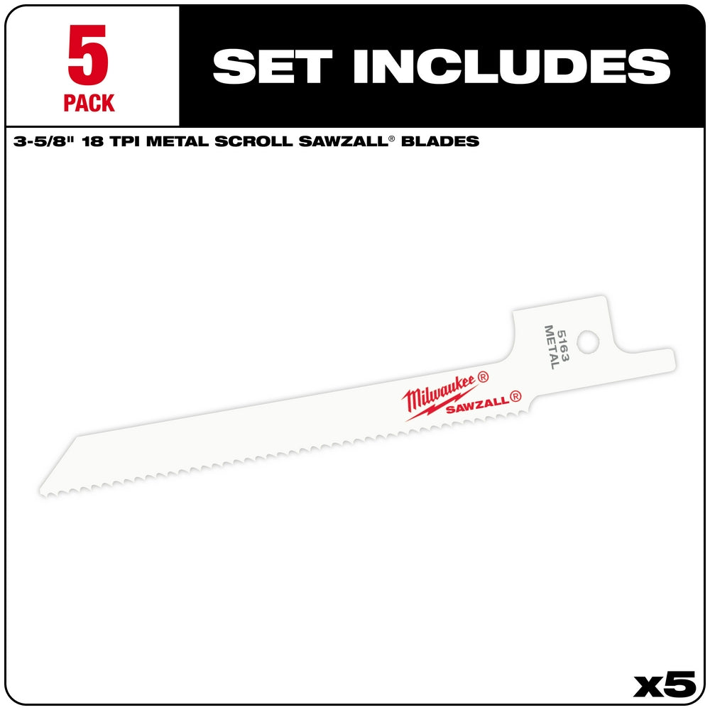 Five Milwaukee 3-5/8 inch 18 TPI metal cutting SAWZALL blades with mounting tang and serrated cutting edge.