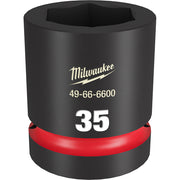 Black Milwaukee Shockwave 35MM socket with 6-point opening and red grip band around base.
