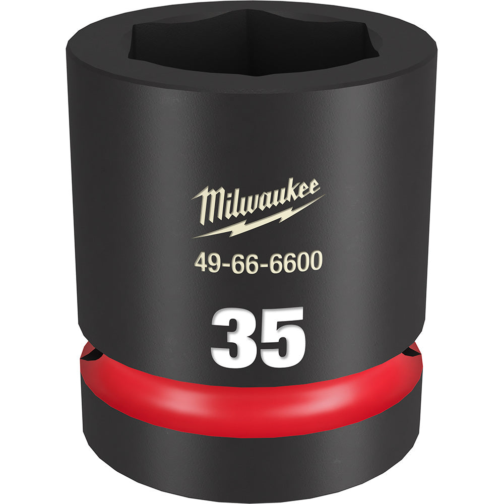 Black Milwaukee Shockwave 35MM socket with 6-point opening and red grip band around base.