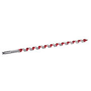 Milwaukee ship auger bit with red and silver fluted design and pointed tip.