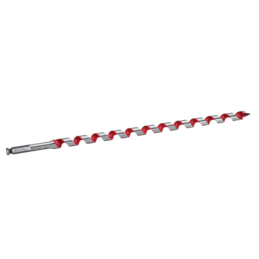 Milwaukee ship auger bit with red and silver fluted design and pointed tip.