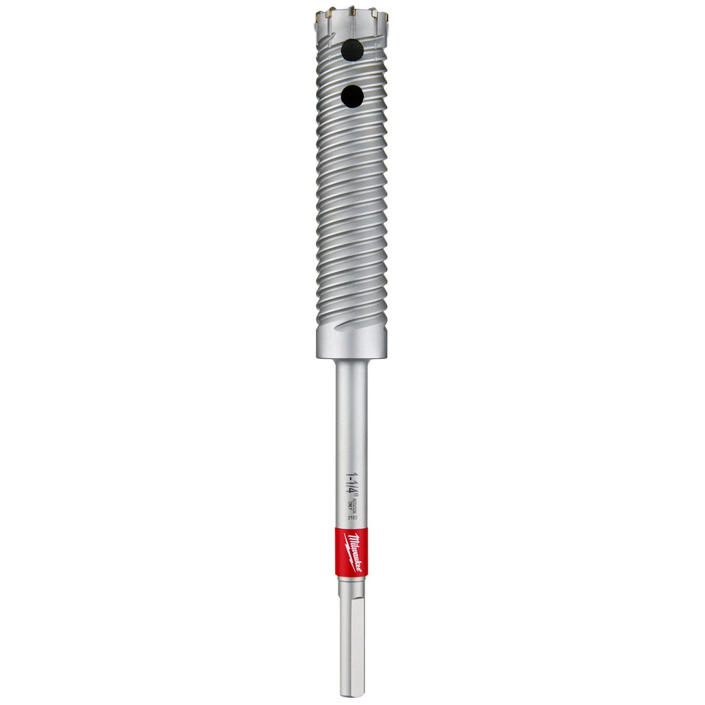 Milwaukee rebar cutter with spiraled cutting head, straight shank, and red grip band on lower shaft.