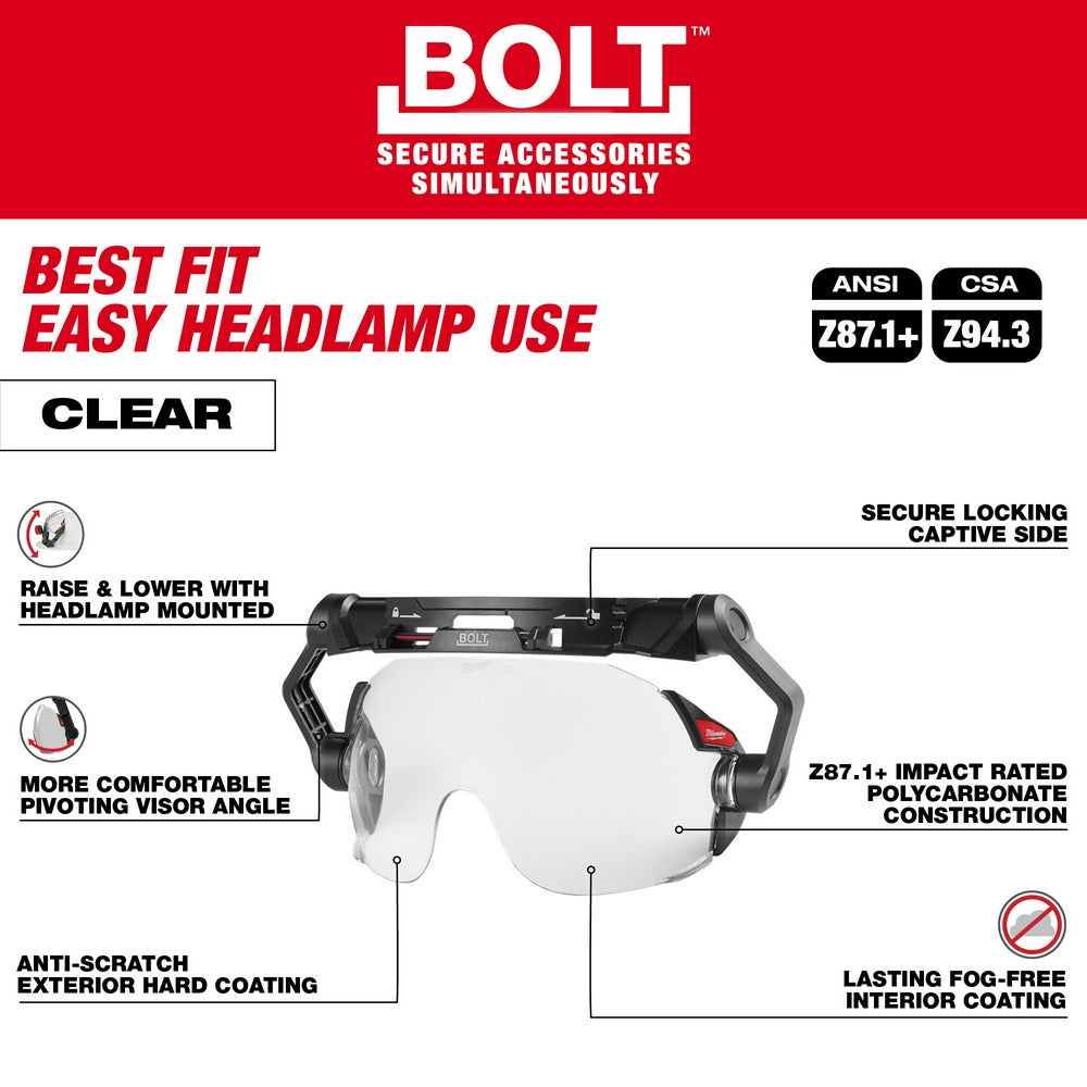 Clear polycarbonate eye visor with black mounting bracket and dual-coat lens for Milwaukee safety helmets.