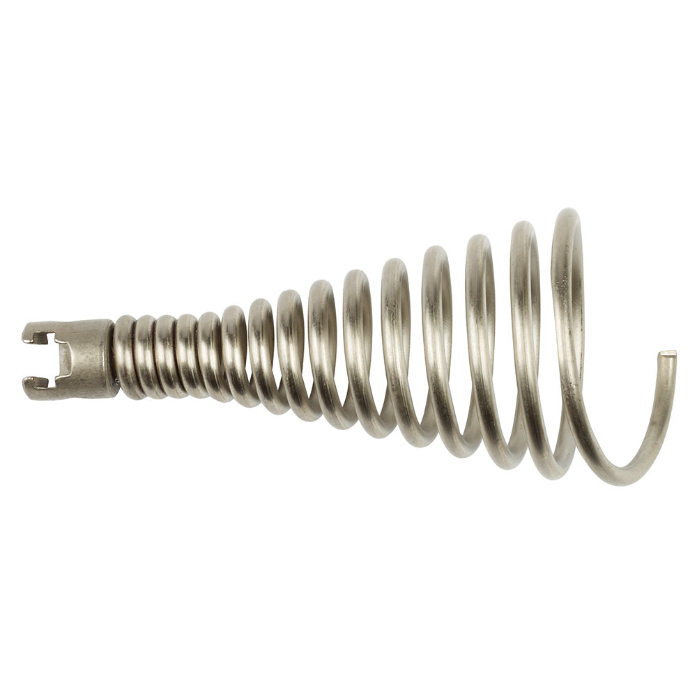 Metallic funnel head attachment with coiled spring design and prong connector on left end.