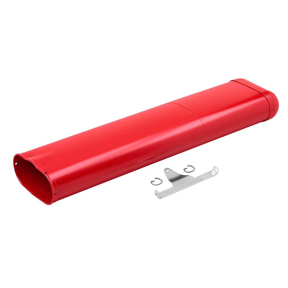 Red cylindrical chain container with metal mounting bracket and hooks.
