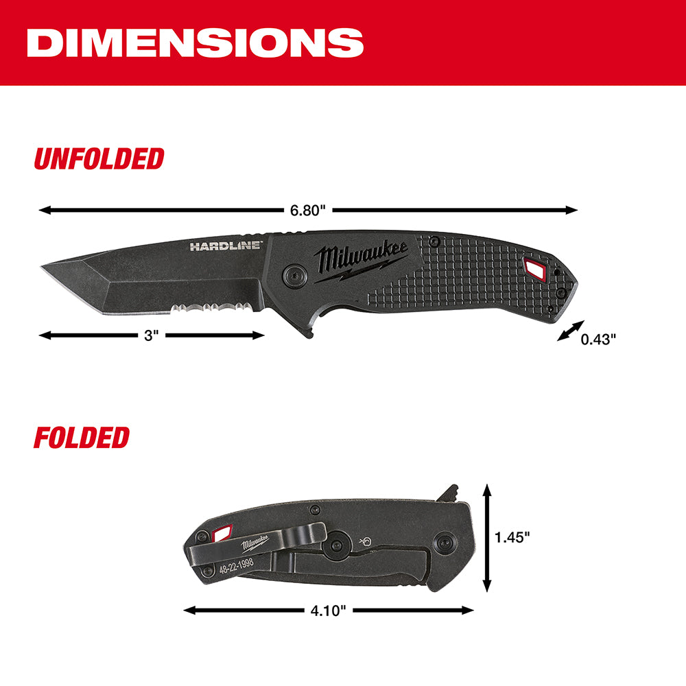 Black steel folding pocket knife with serrated blade, shown unfolded at 6.80 inches and folded at 4.10 inches.