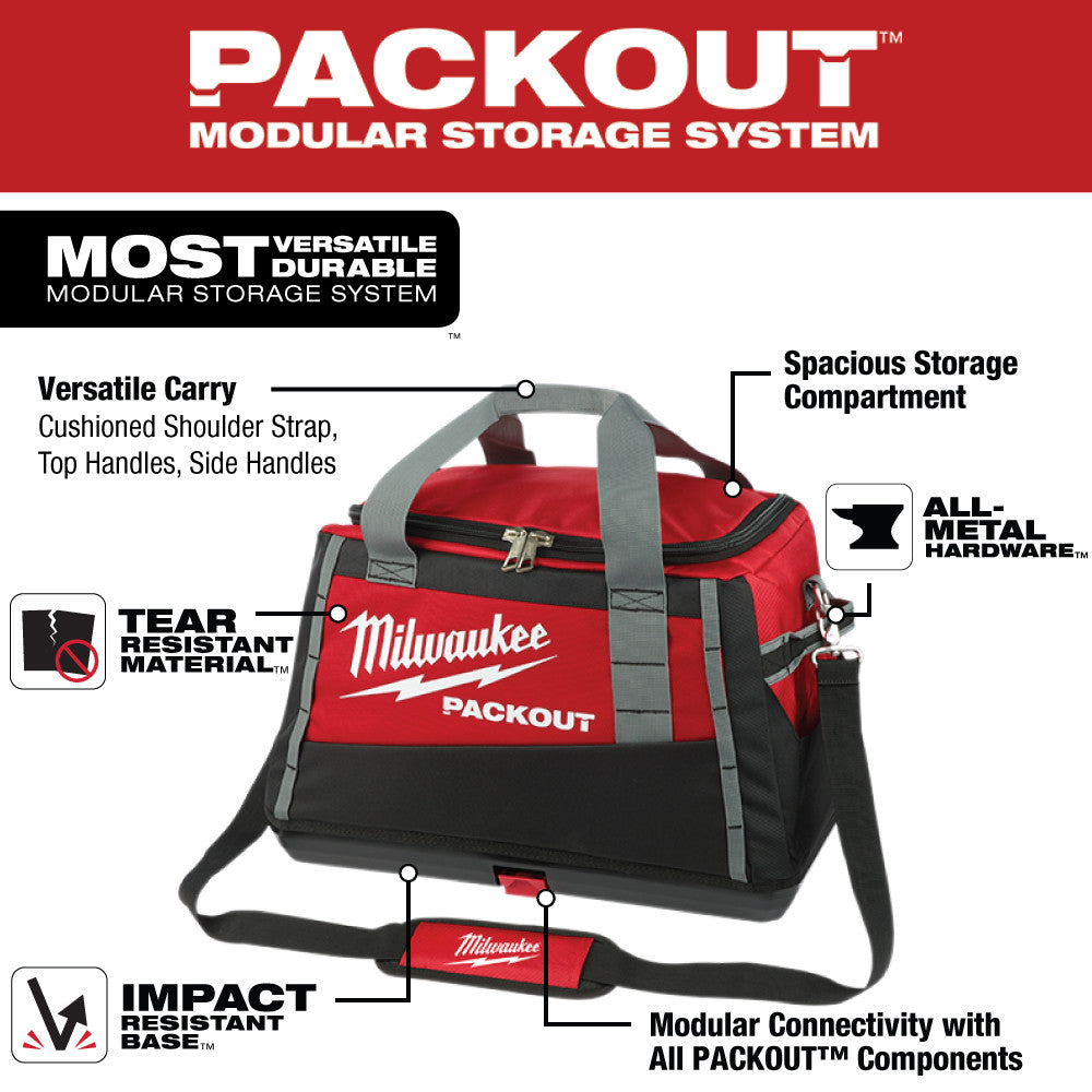 Red and black Milwaukee PACKOUT tool bag with gray shoulder straps, top handles, and side handles for carrying.