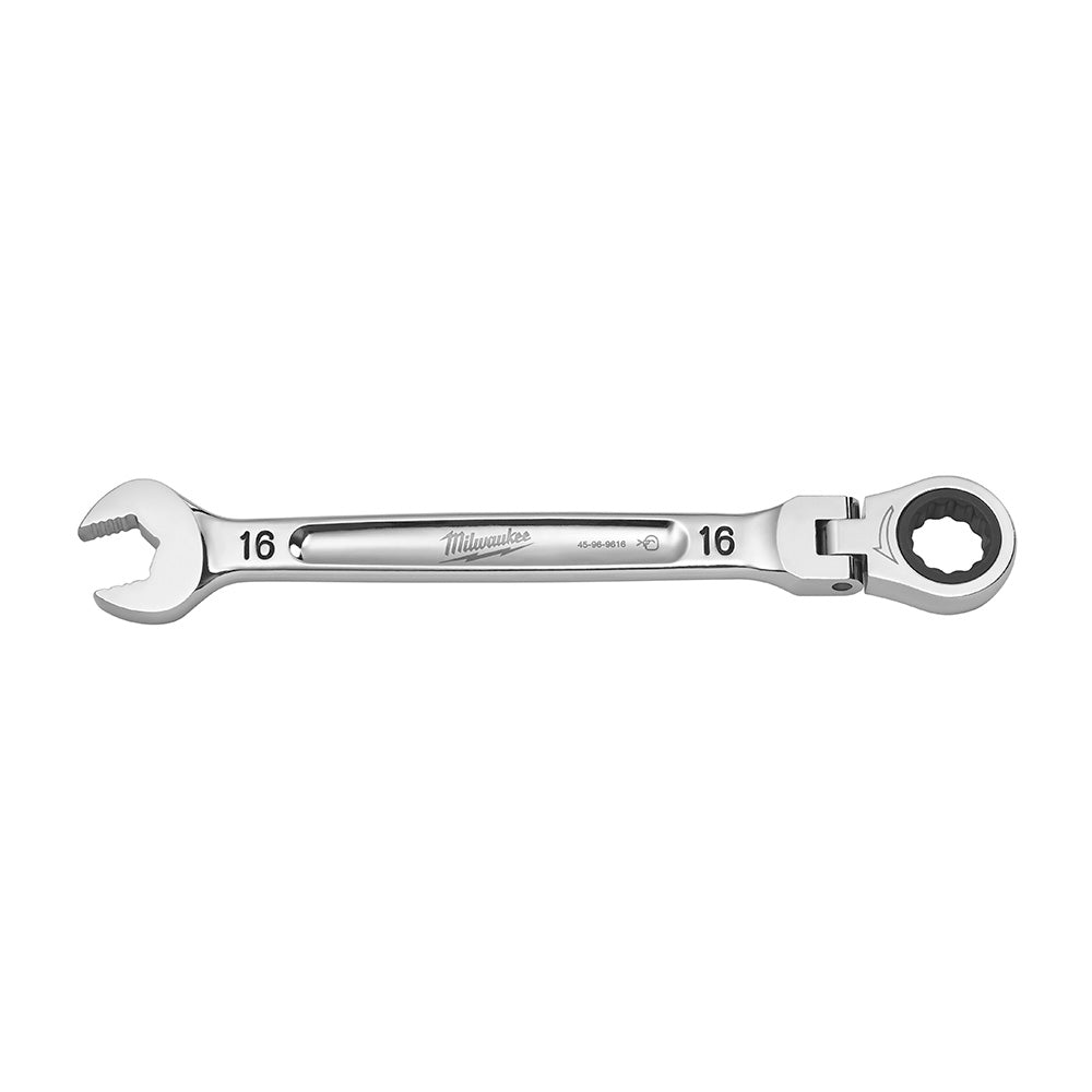 Silver 16mm combination wrench with open end, ratcheting box end, and flex head joint.