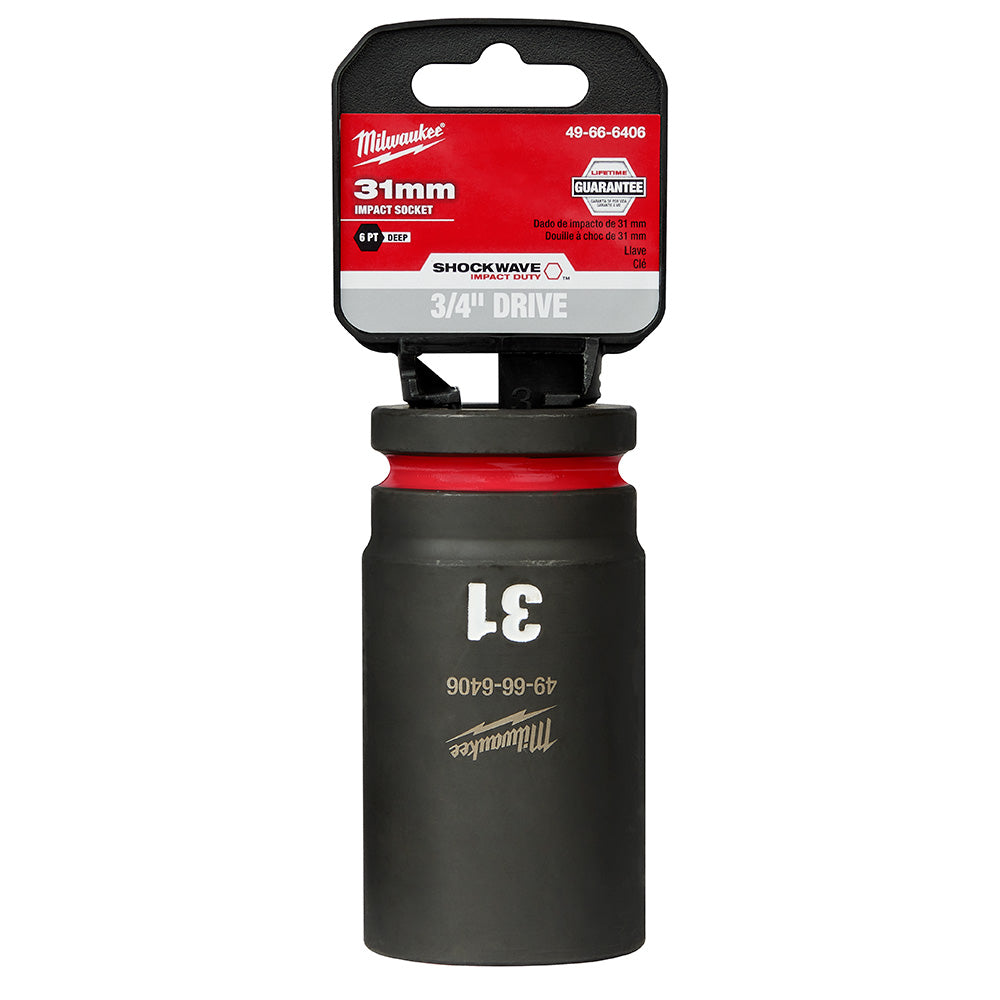 Milwaukee Shockwave 31mm deep 6-point socket with 3/4" drive in black with red band and packaging label.
