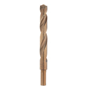 Milwaukee RED HELIX cobalt drill bit with twisted flutes and cylindrical shank on white background.