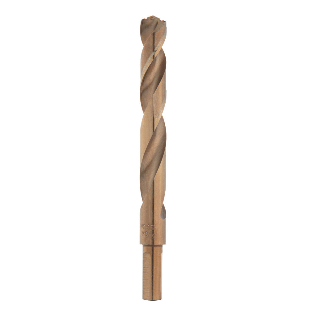 Milwaukee RED HELIX cobalt drill bit with twisted flutes and cylindrical shank on white background.