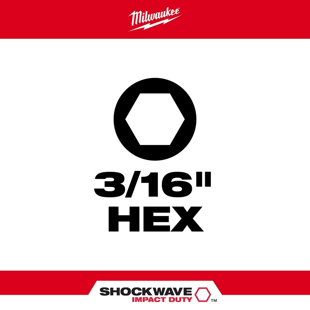 Black hexagonal socket icon labeled "3/16" HEX" with Milwaukee and Shockwave Impact Duty branding.