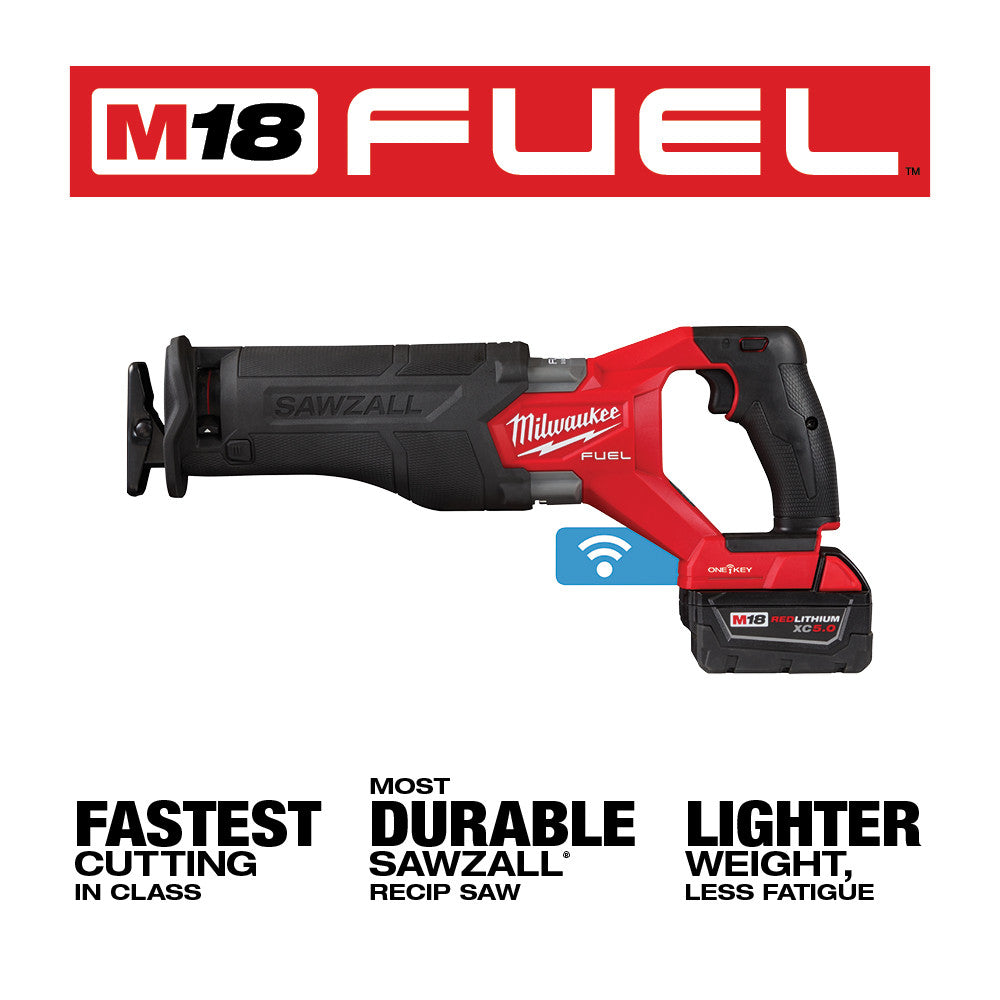Milwaukee M18 FUEL reciprocating saw with red and black body, shown with attached battery and ONE-KEY connectivity indicator.