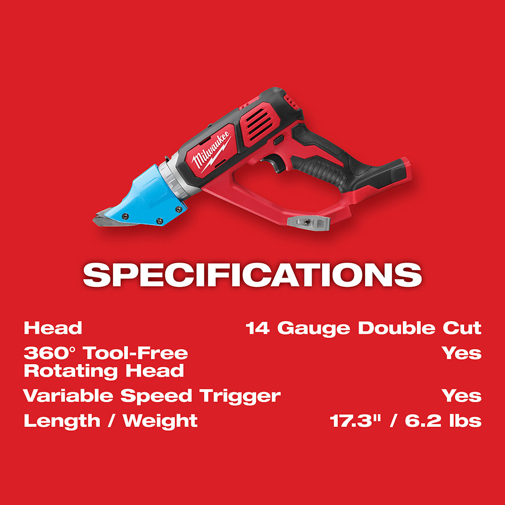 Milwaukee M18 cordless shear with red and black body, blue cutting head, and black grip on red background.