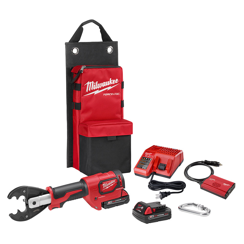 Milwaukee M18 FORCE LOGIC crimping tool with red and black carrying bag, batteries, charger, cables, and accessories.