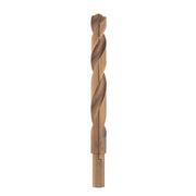 Gold-colored twist drill bit with fluted design and cylindrical shank, showing maker's mark near the base.