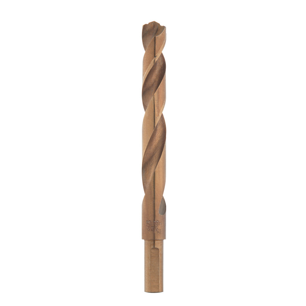 Gold-colored twist drill bit with fluted design and cylindrical shank, showing maker's mark near the base.