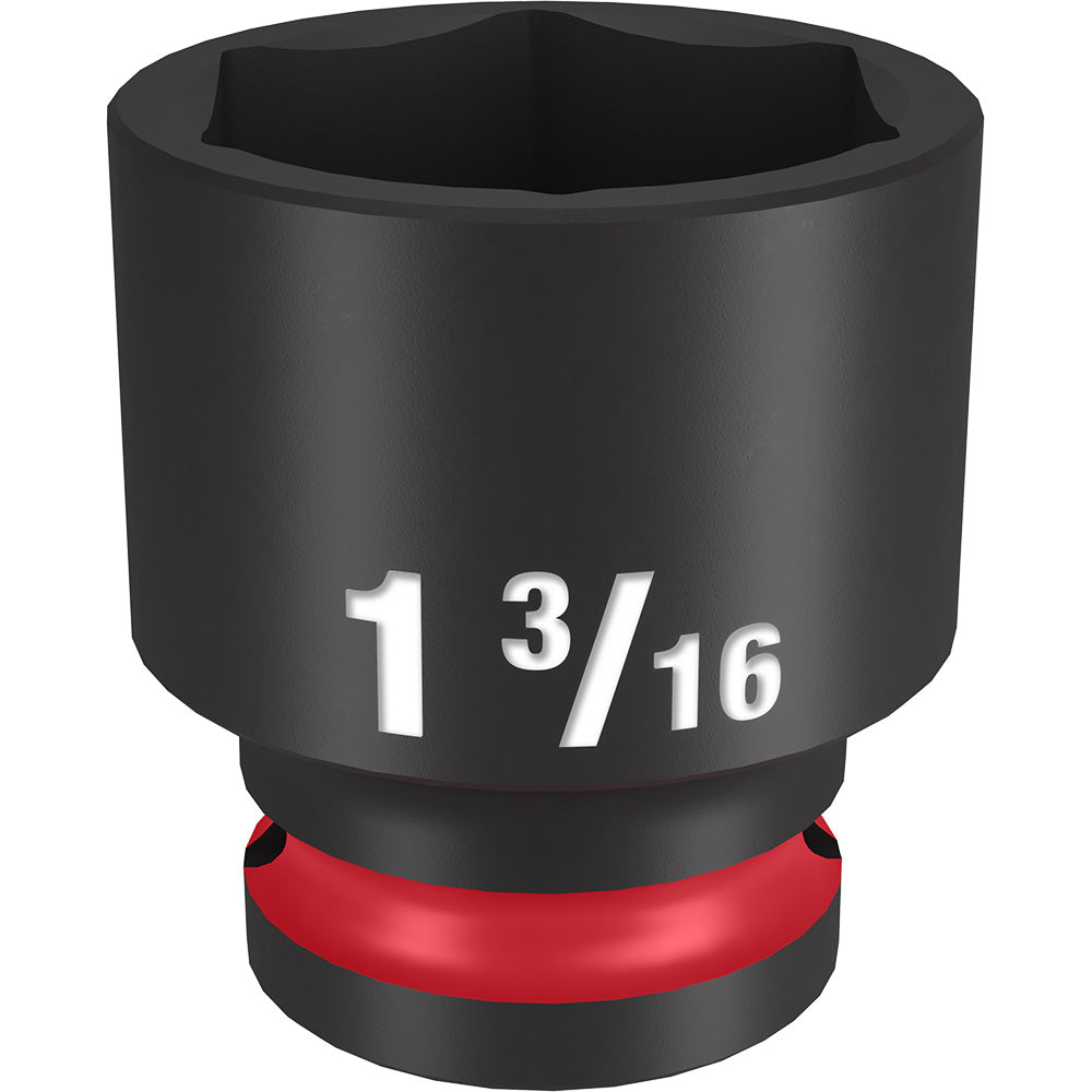 Black 1-3/16" standard 6-point socket with 1/2" drive and red grip band at base.