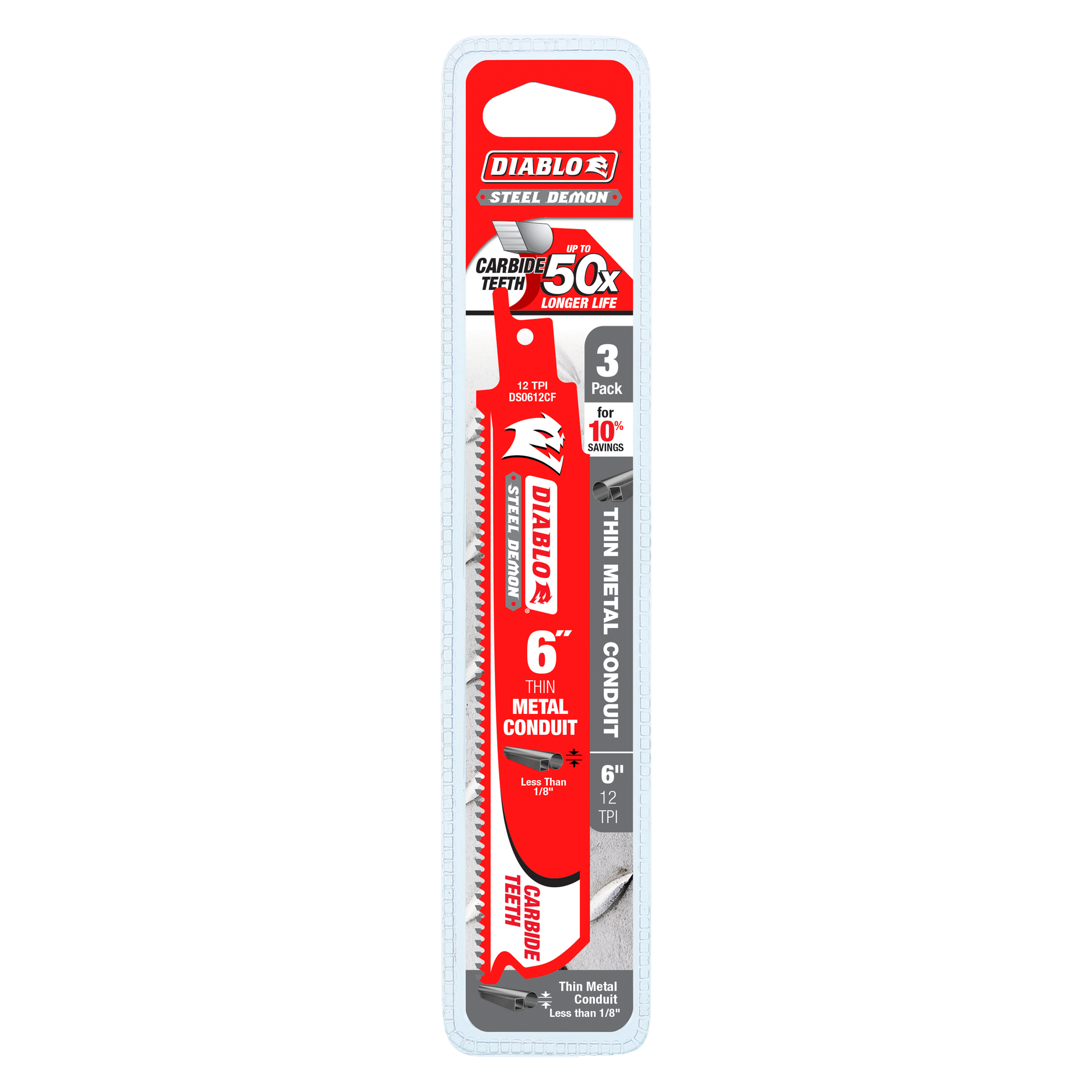 Three 6-inch Diablo Steel Demon carbide saw blades with fine teeth for thin metal conduit cutting in retail packaging.