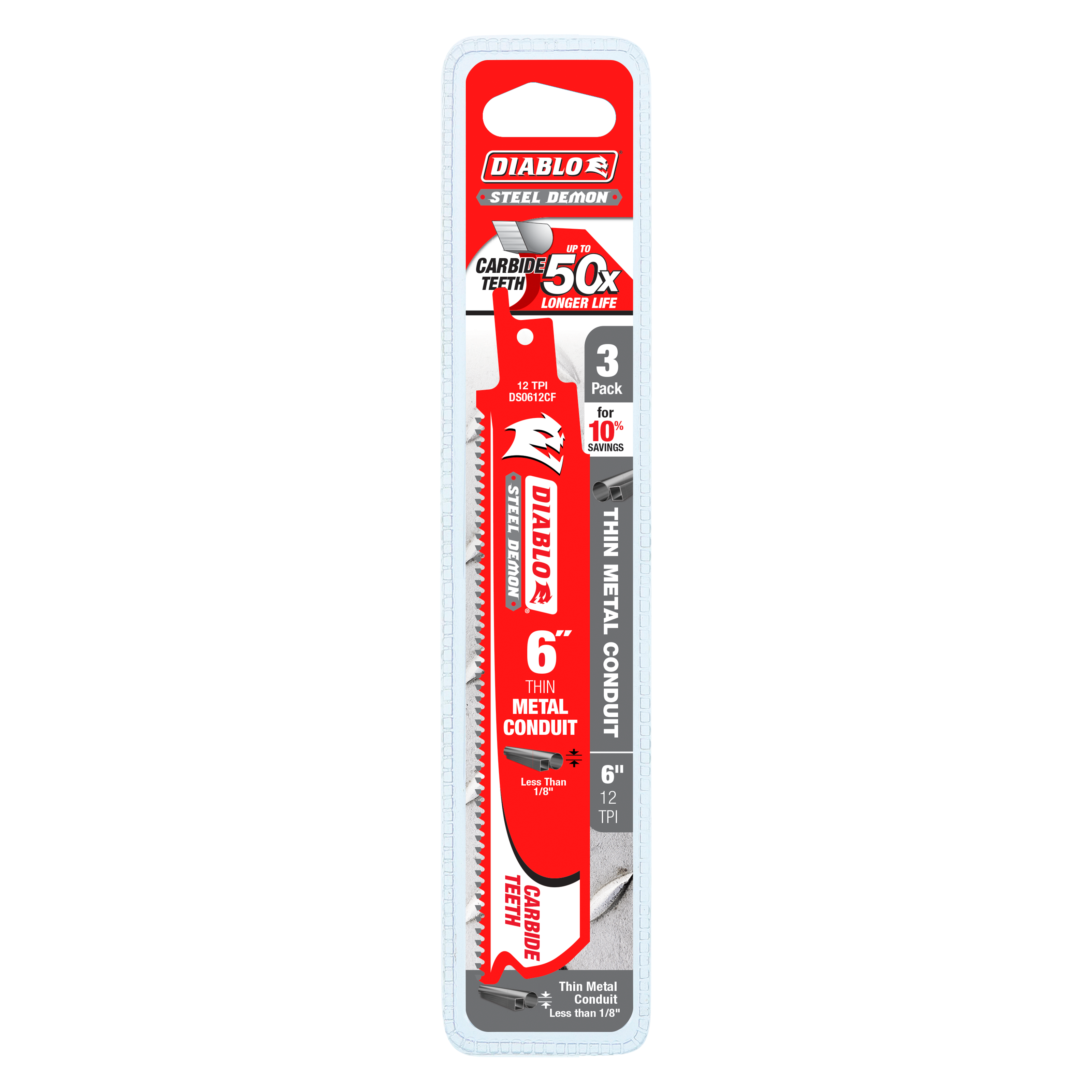 Three 6-inch Diablo Steel Demon carbide saw blades with fine teeth for thin metal conduit cutting in retail packaging.