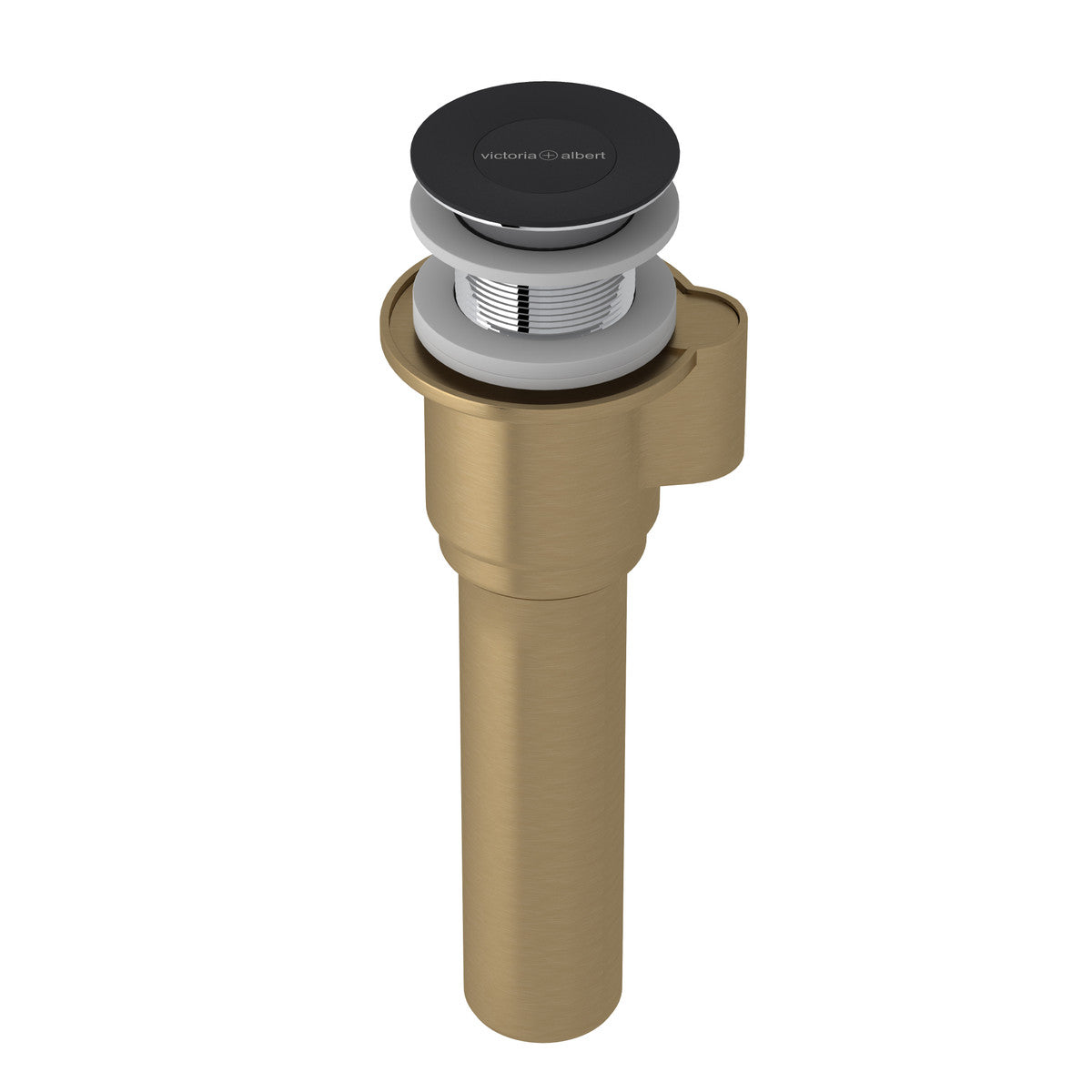 Black click-clack tub drain with brass sub-floor pipe and gray threaded collar component.
