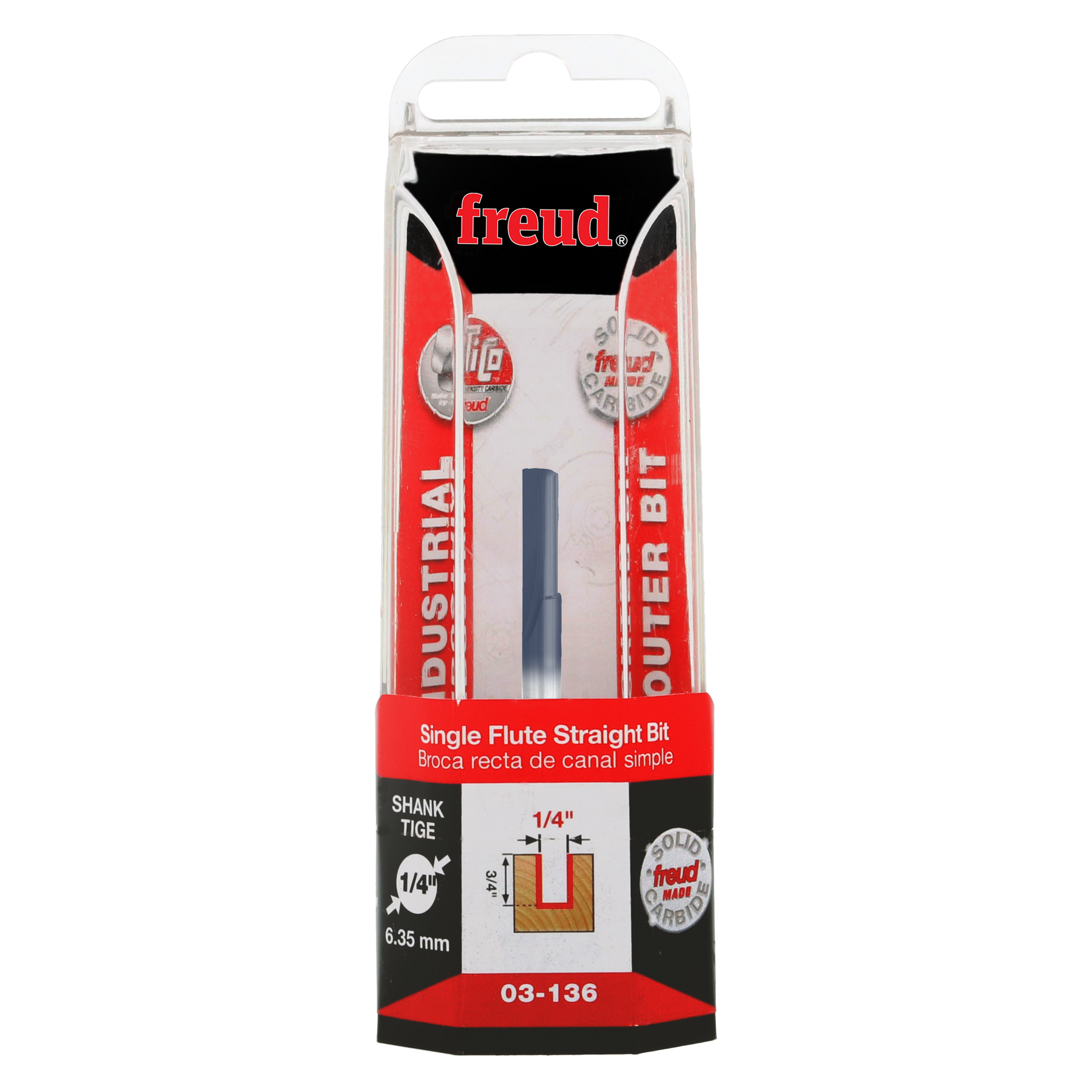 Freud 1/4" diameter single flute straight router bit with 1/4" shank in retail packaging.