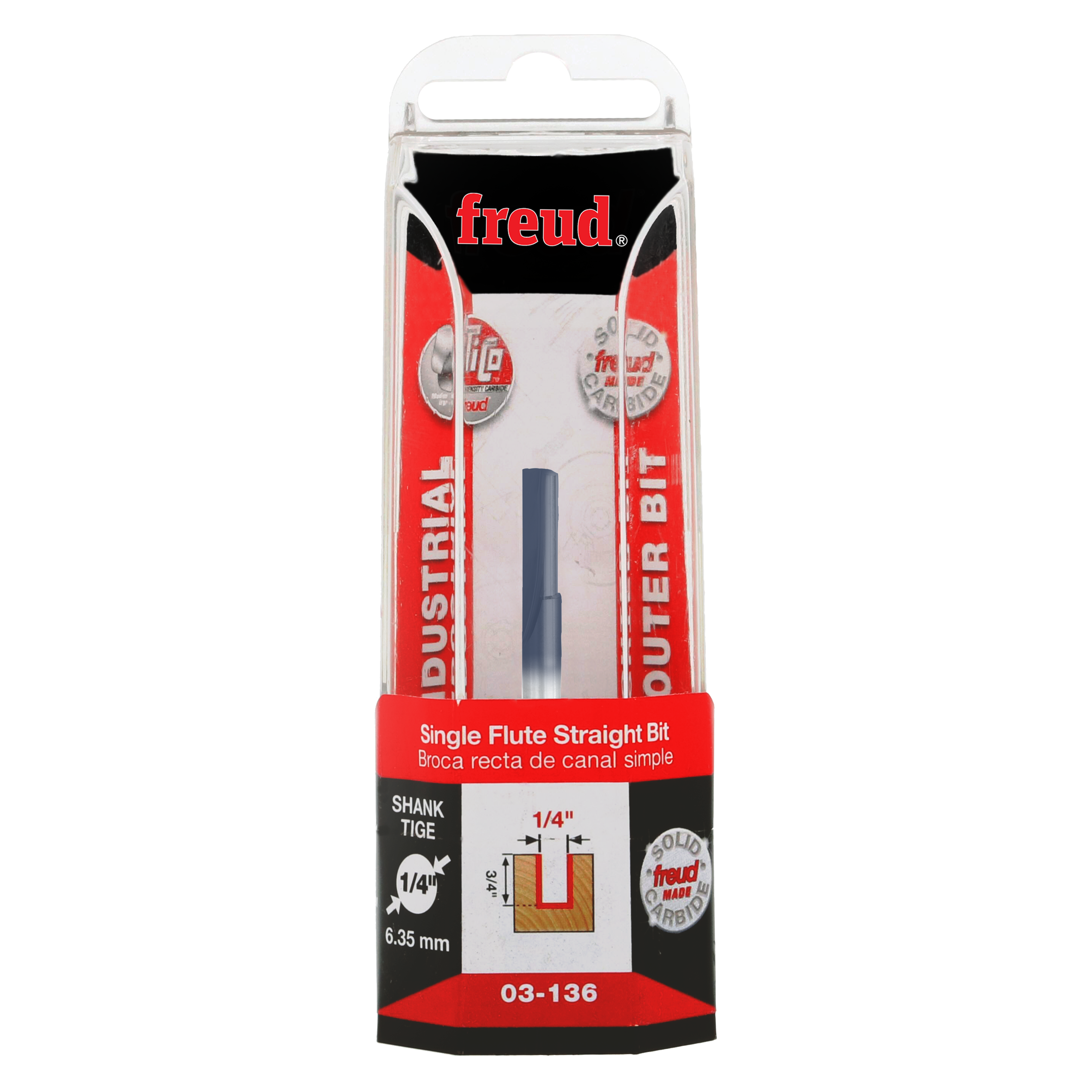 Freud 1/4" diameter single flute straight router bit with 1/4" shank in retail packaging.