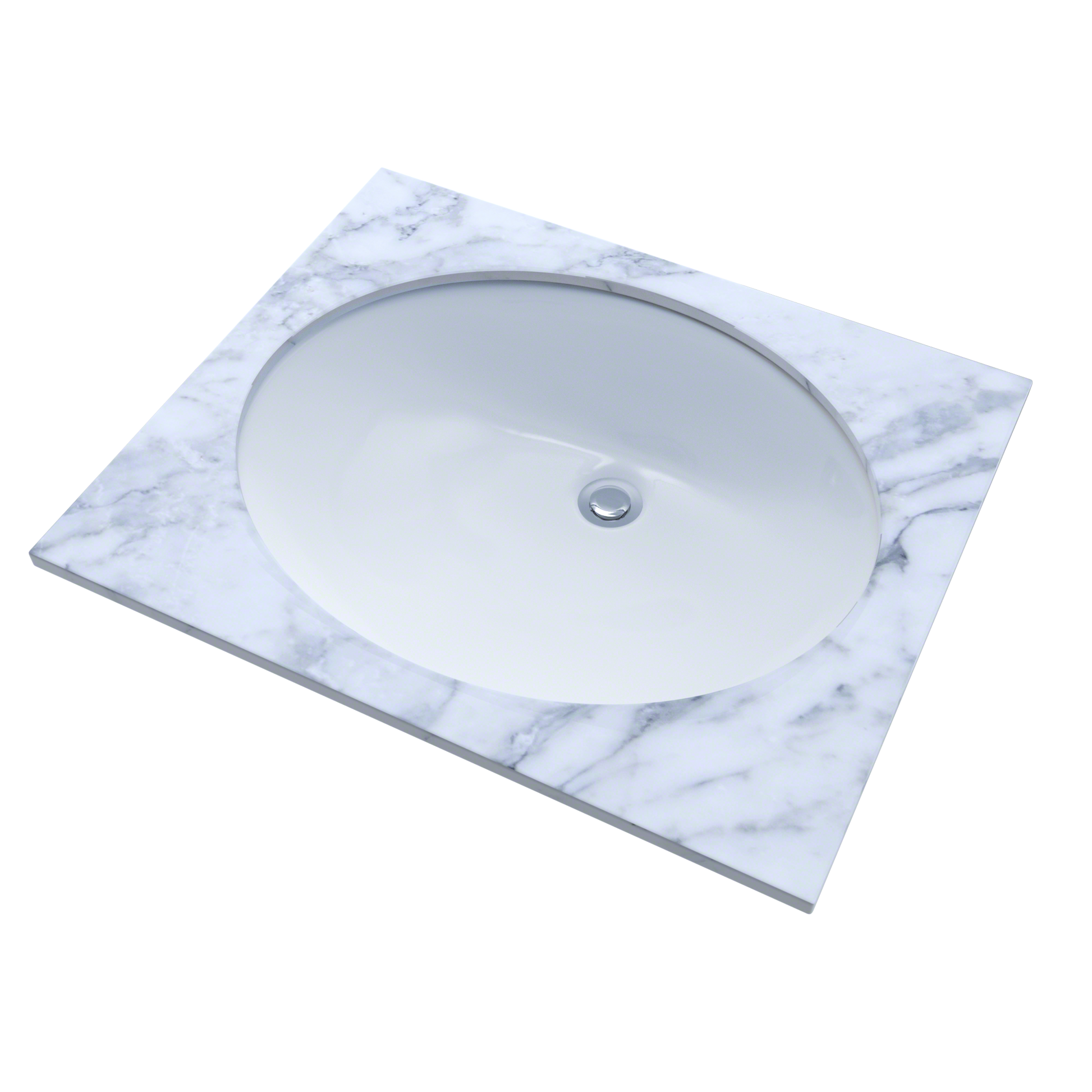 White oval undermount sink set in marble countertop with single drain hole visible.