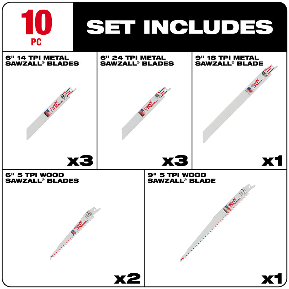 Ten-piece Sawzall blade set containing metal and wood cutting blades in varying lengths and tooth counts.