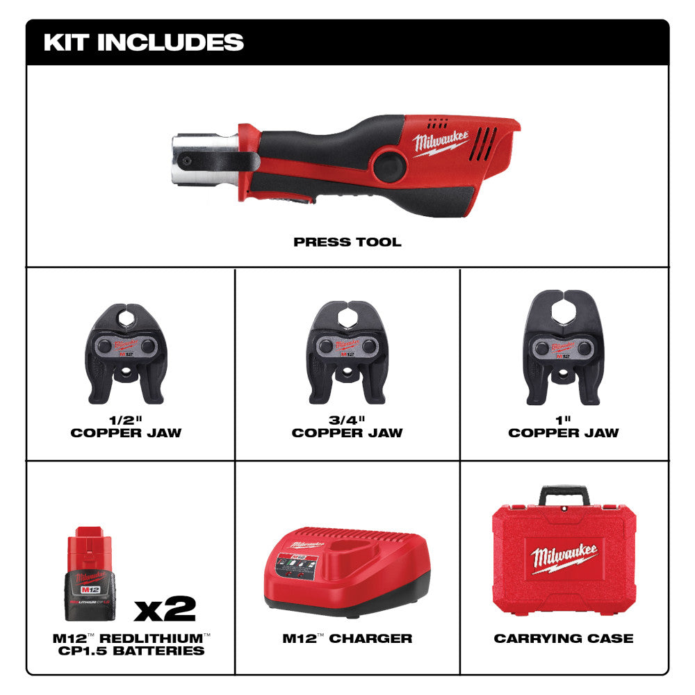 Milwaukee M12 red and black press tool with three interchangeable copper jaws, two batteries, charger, and carrying case.
