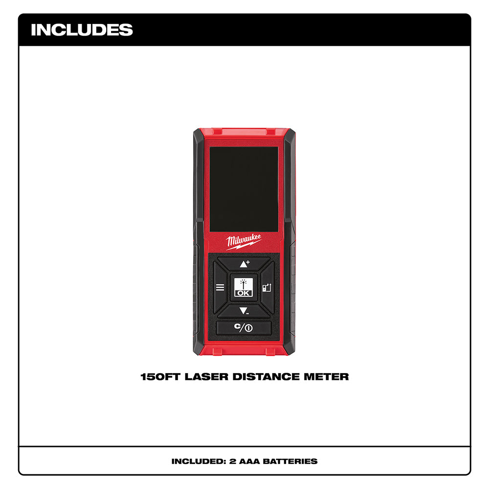Red and black Milwaukee laser distance meter with digital display and control buttons on front face.