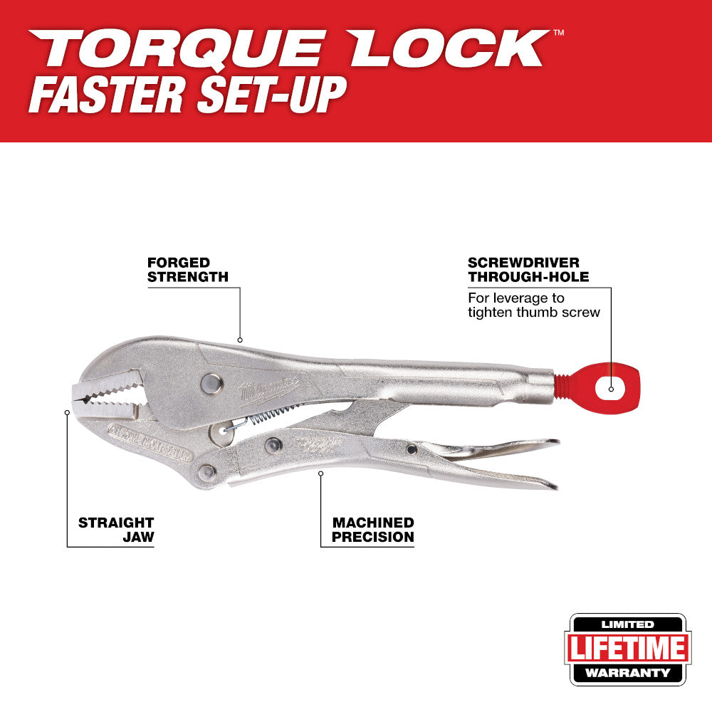 Milwaukee 10-inch straight jaw locking pliers with metal construction, red thumb screw, and labeled features for grip and adj