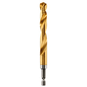 Golden titanium twist drill bit with hex shank, sharp point tip, and spiral flutes for drilling.