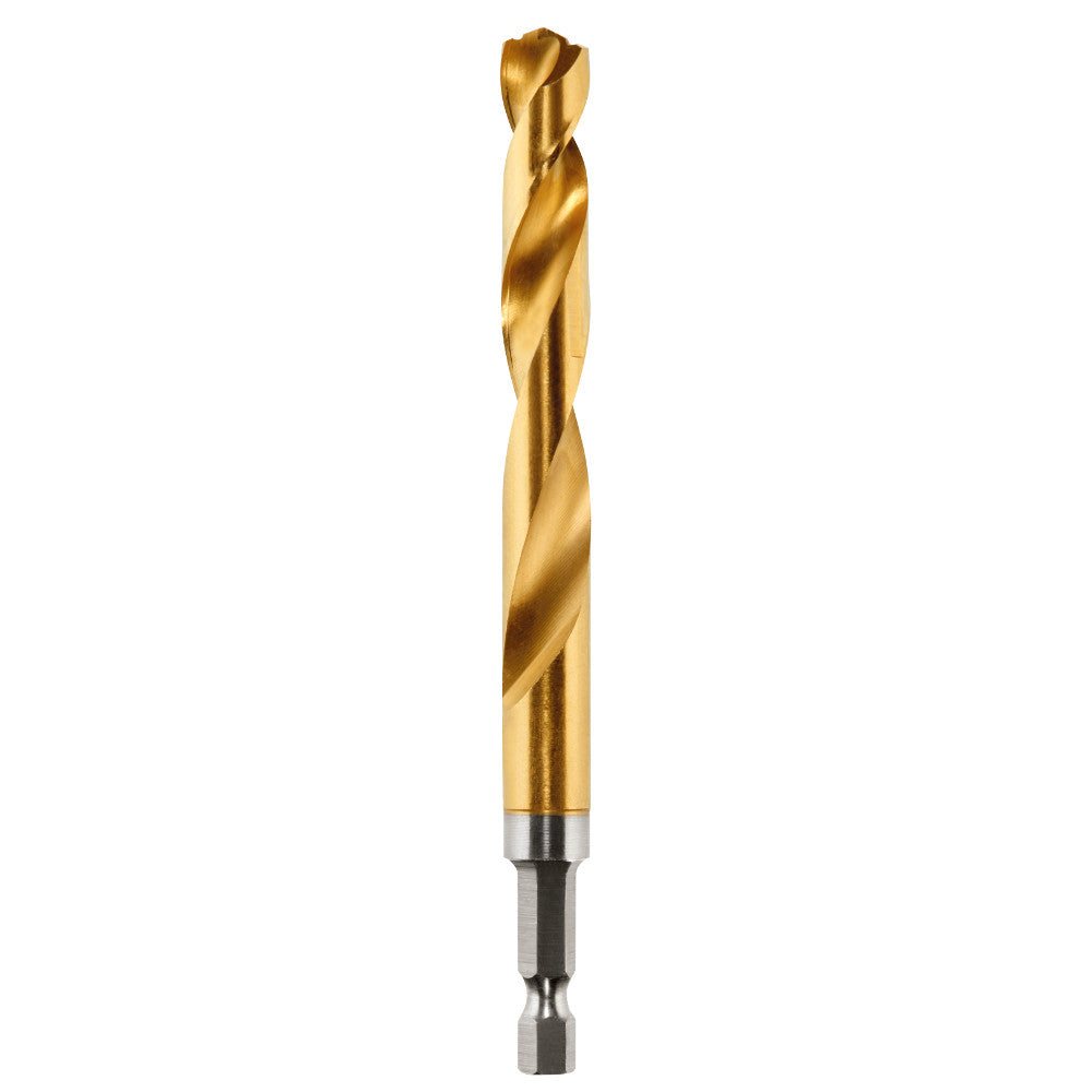 Golden titanium twist drill bit with hex shank, sharp point tip, and spiral flutes for drilling.