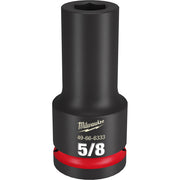 Black Milwaukee 5/8" deep socket with 3/4" drive and red impact ring around base.