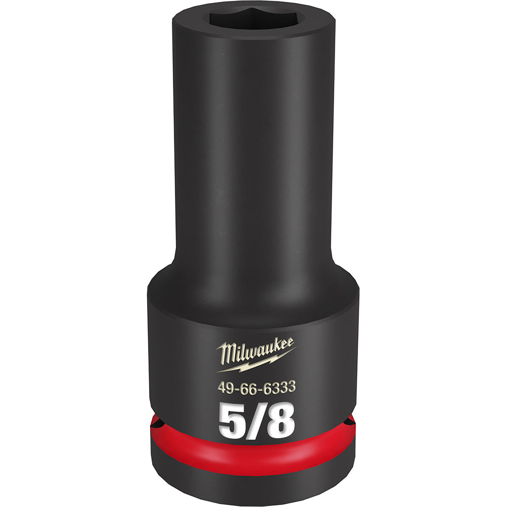 Black Milwaukee 5/8" deep socket with 3/4" drive and red impact ring around base.