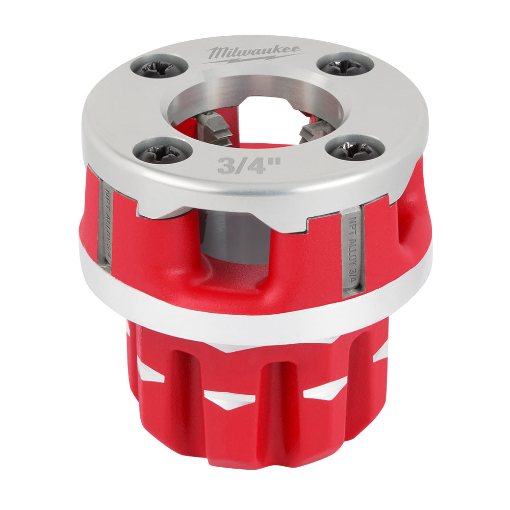 Milwaukee 3/4" NPT compact pipe threading die head with red and aluminum construction and four mounting points.