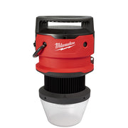 Milwaukee RADIUS LED temporary site light with red upper housing, black handle, and white diffuser bowl.