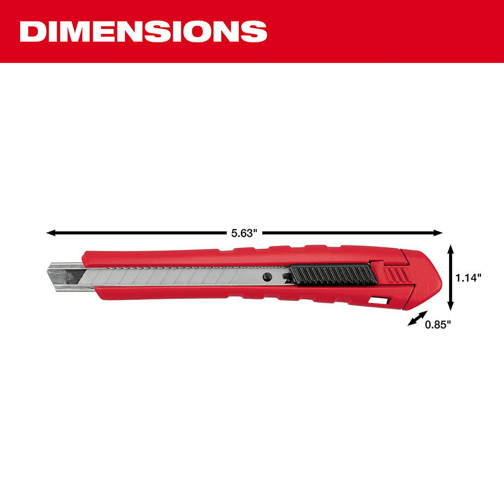 Red snap-off utility knife with black grip and metal blade, dimensions shown as 5.63" long, 1.14" tall, 0.85" deep.