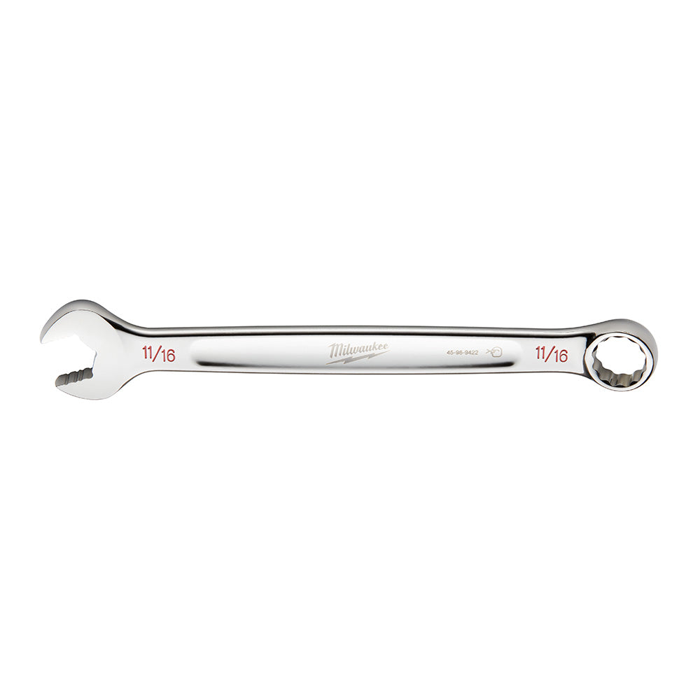 Silver metal combination wrench with open jaw on left end and closed ring on right end, marked 11/16 on both sides.