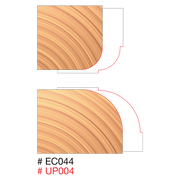 Two router bit profiles showing 1/4" and 1/2" round over cutting edges with wood grain texture reference.