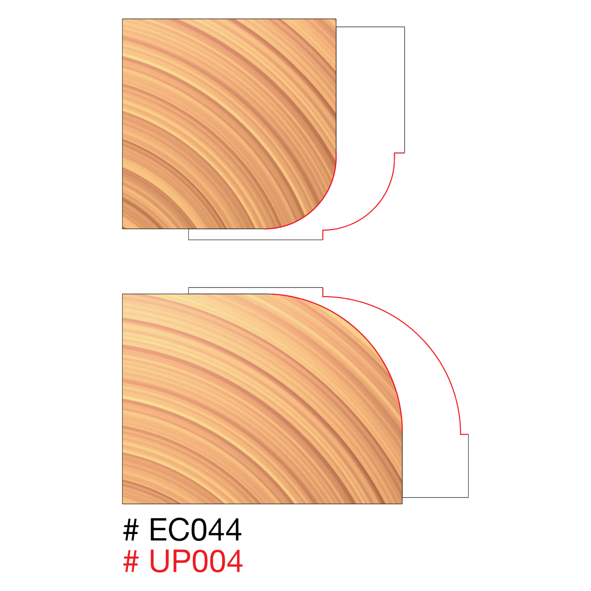 Two router bit profiles showing 1/4" and 1/2" round over cutting edges with wood grain texture reference.