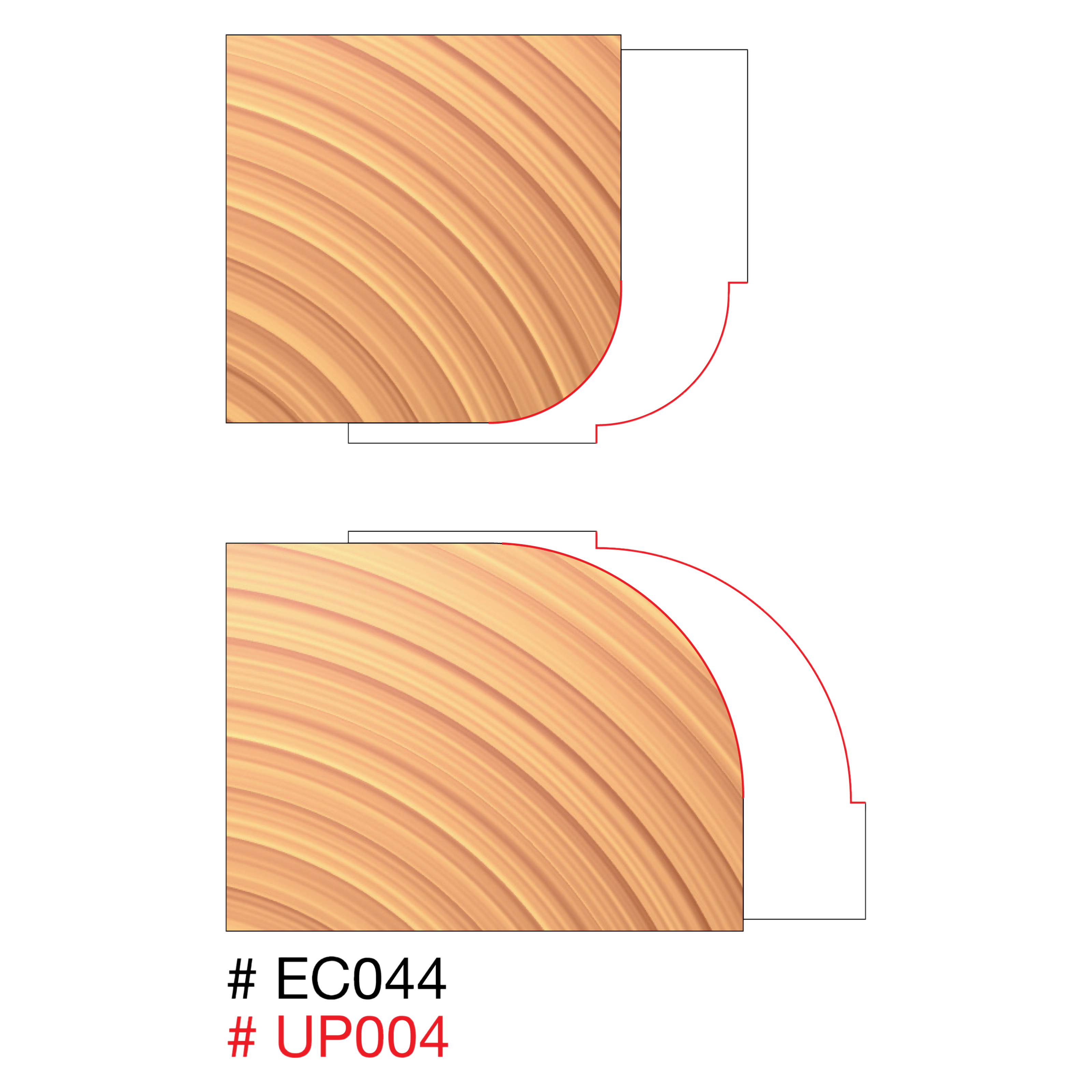 Two router bit profiles showing 1/4" and 1/2" round over cutting edges with wood grain texture reference.