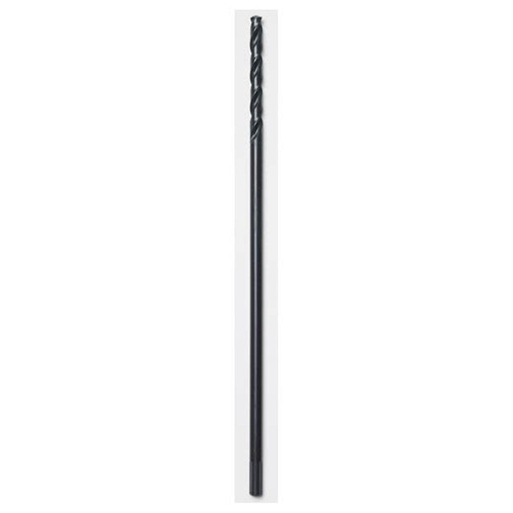 Black oxide twist drill bit with elongated aircraft length shaft and pointed tip.