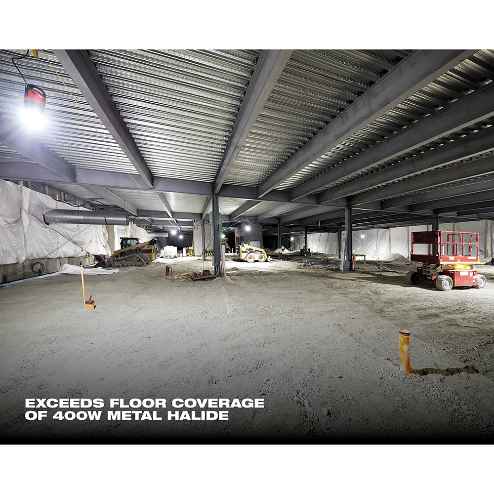 LED work light mounted on warehouse ceiling, illuminating construction site with equipment and materials below.