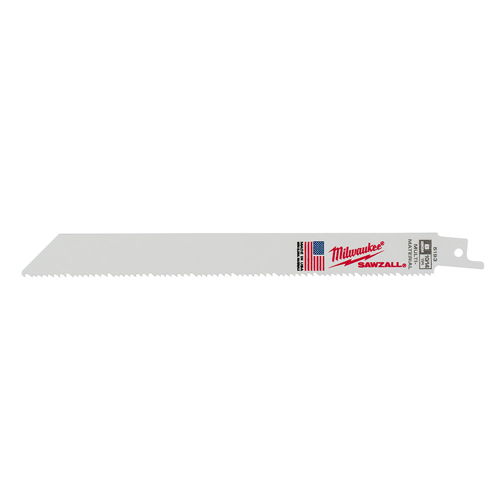 Milwaukee SAWZALL reciprocating saw blade with serrated cutting edge and mounting tang.
