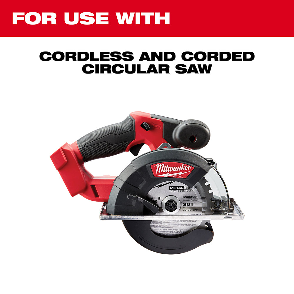 Milwaukee 5-3/8 inch circular saw blade with 30 teeth, mounted on red and black cordless circular saw.