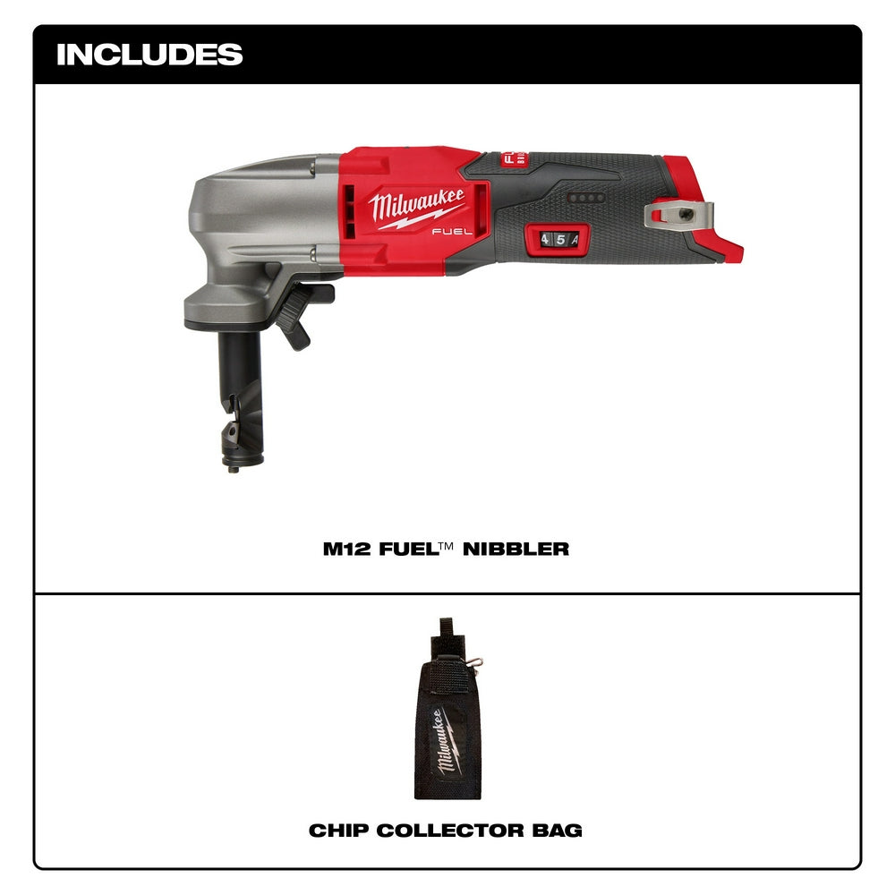 Red and black Milwaukee M12 FUEL nibbler with metal cutting head and black chip collector bag included.